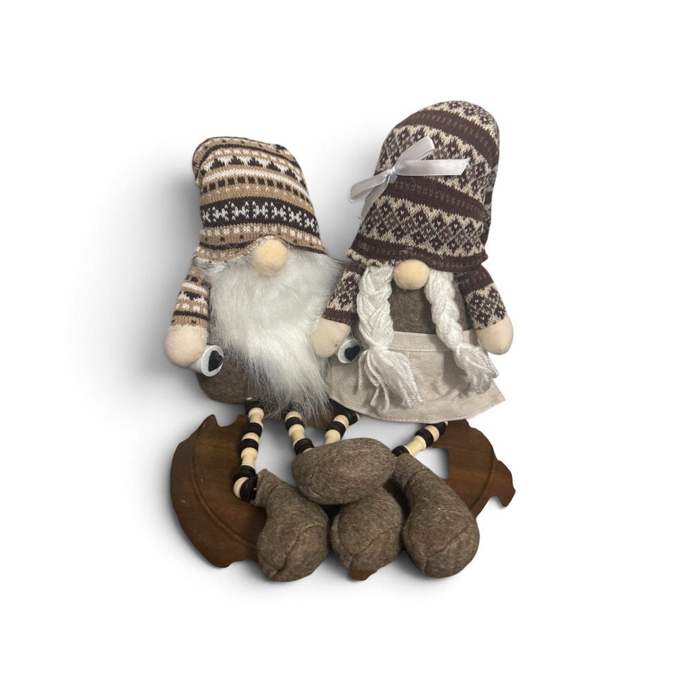 Hobby Lobby BrownStuffed Gnome Shelf Sitter Fair Isle Beaded Leg Set of 2